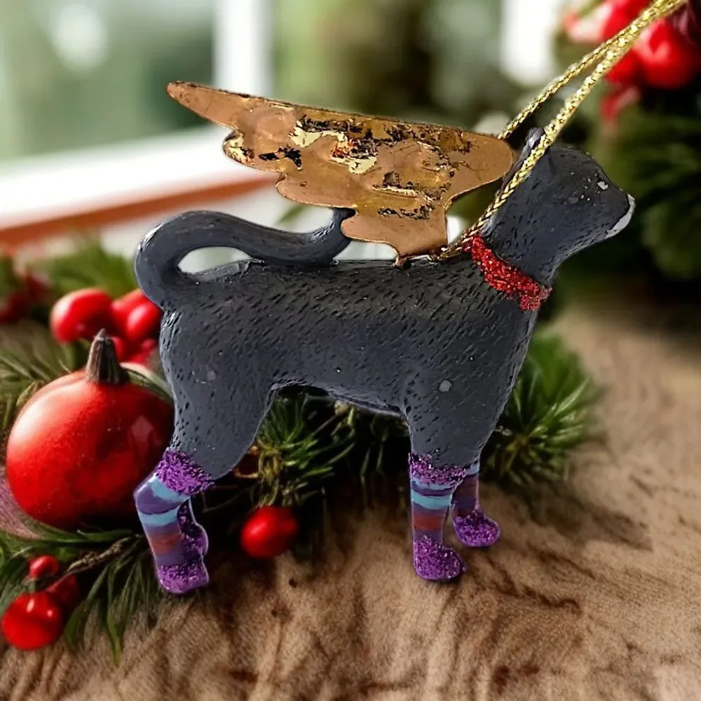 Vtg Black Cat Angel Ornament Gold Wings Purple Glitter Legs Christmas‎ Halloween